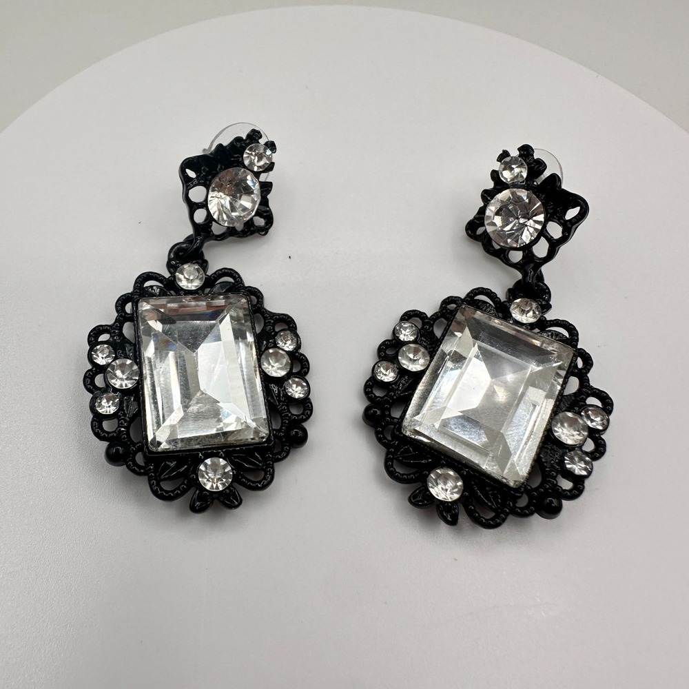 Vintage 80s Faceted Clear Crystal Drop Earrings Black Tone Jewelry